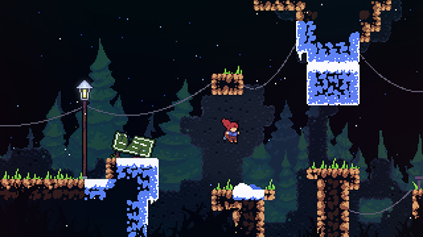 The hero character Magdaline from Celeste jumping over a gap in the mountain