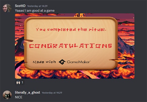 Slack message showing Scott completing the game