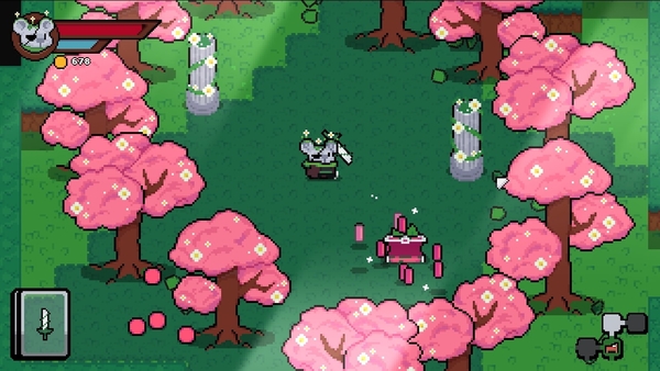 Screenshot of the meadow with cherry blossom trees and the mouse player character in the center