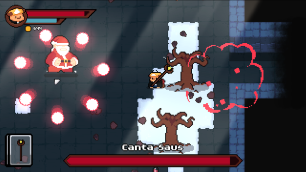 Boss fight with a Santa Claus' look-alike in the Winter-based biome